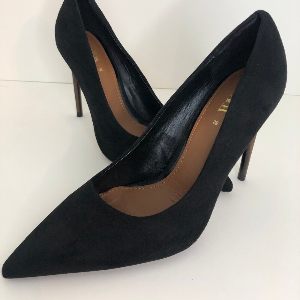 Zara Black Faux Suede Tortoise Shell Heels - Size 39 (US 8) - Picture 4 of 8